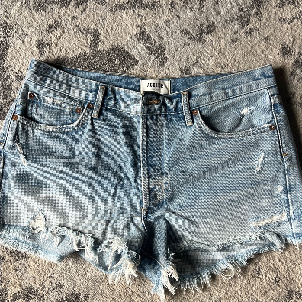 Agolde Distressed Light Blue Jean Shorts